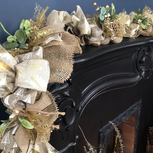 Luxury Neutral and Golds Hessian Christmas Garland - Cream, Gold & Foliage