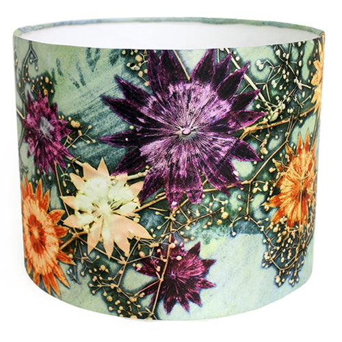 From Loft to loved - Gillian Arnold - drum shade for ceiling or table lamp - Sedgefield, County Durham - Branching Astrantia - green and blue floral